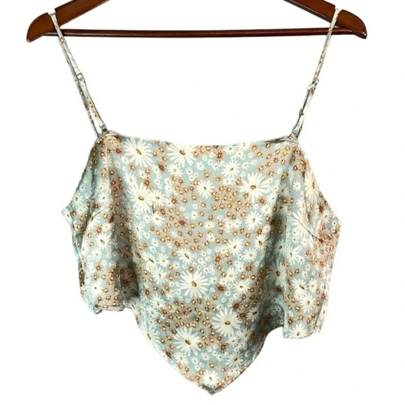 GARAGE Floral Printed Satin Handkerchief Tie Crop Top Sea-foam Blue Open Back L - Picture 2 of 10
